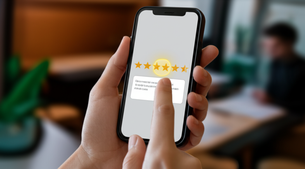 A close-up of a customer leaving a five-star review on a smartphone screen